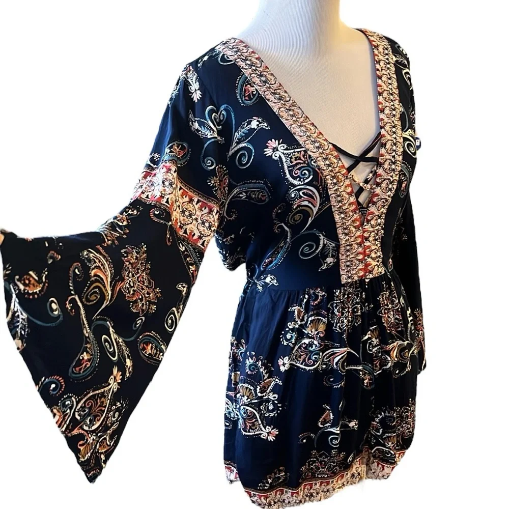 ANGIE ROMPER FLORAL PRINT BELL SLEEVE BLUE MULTI SIZE SMALL